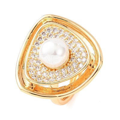 Adjustable Brass Micro Pave Clear Cubic Zirconia with ABS Plastic Pearl Cuff Rings RJEW-G368-05G-1