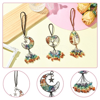 3Pcs 3 Styles Copper Wire Wrapped Chakra Natural Gemstone with Tree of Life Pendant Decorations HJEW-CJ0001-22-1