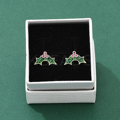 Holly Leaf Brass Micro Pave Cubic Zirconia Stud Earrings EJEW-B149-02G-1