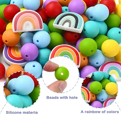 75Pcs Round/Rainbow Silicone Focal Beads SIL-YW0001-38-1