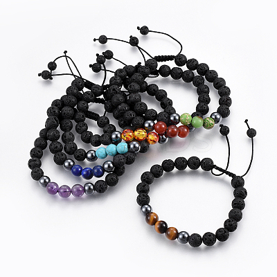 Natural Lava Rock and Non-Magnetic Synthetic Hematite Beads Braided Bead Bracelets BJEW-JB03975-1