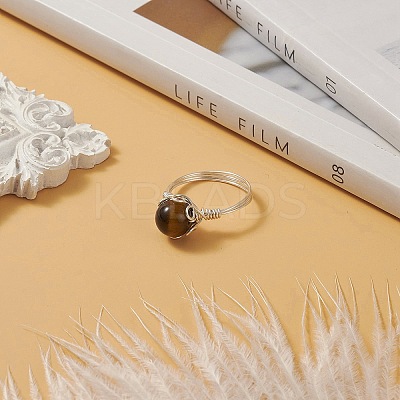 Natural Tiger Eye Braided Bead Finger Ring RJEW-TA00066-04-1