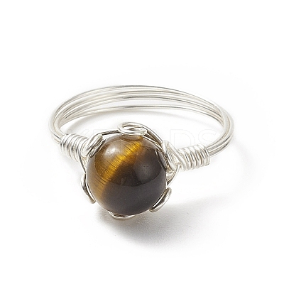 Natural Tiger Eye Braided Bead Finger Ring RJEW-TA00066-04-1