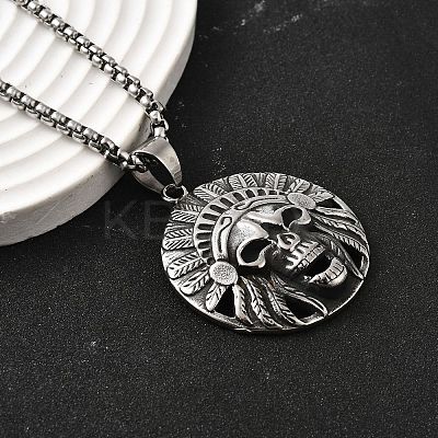304 Stainless Steel Indian Head Skull Pendant Necklaces for Women Men NJEW-Z076-03AS-1