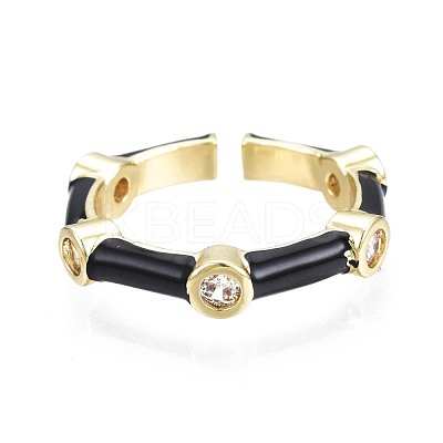 Clear Cubic Zirconia Bamboo Shape Open Cuff Ring with Enamel for Women RJEW-N035-101-1
