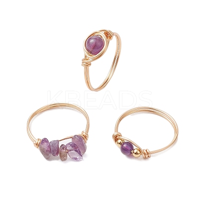 3Pcs 3 Styles Natural Rose Quartz & Amethyst & Green Aventurine Finger Rings RJEW-JR00745-1