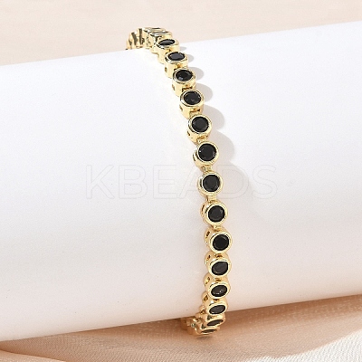 Brass Pave Cubic Zirconia Flat Round Link Chain Bracelets KK-CBA6980-17G-A-1
