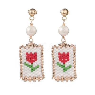 Natural Pearl with Glass Seed Flower of Life Dangle Stud Earrings EJEW-MZ00014-01-1