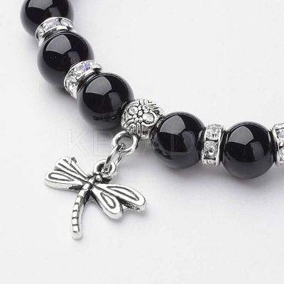 Natural Dyed & Heated Black Agate Charm Bracelets BJEW-G527-A02-1