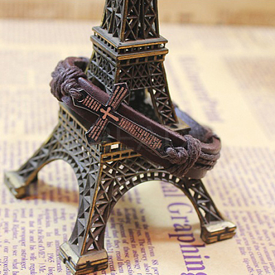 Adjustable Cross with Word Iron Braided Leather Cord Bracelets BJEW-P0001-02A-1