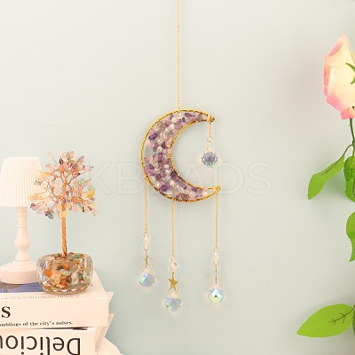 Copper Wire Wrapped Natural Amethyst Chips Moon Suncatcher HJEW-H065-02G-02-1