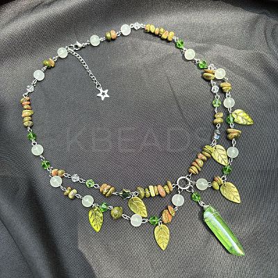Leaf Pointed Alloy & Glass Pendant Necklaces FS-WGD0F8B-01-1