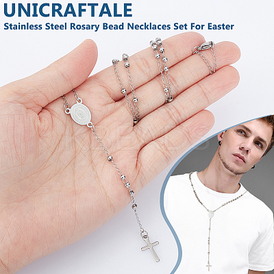 2Pcs 304 Stainless Steel Rosary Bead Necklaces Set For Easter NJEW-UN0001-43-1