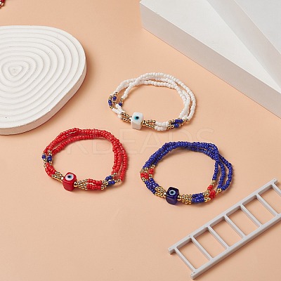 3Pcs 3 Color Evil Eye Lampwork & Glass Seed & Brass Beaded Triple Layer Multi-strand Bracelets Set for Women BJEW-JB09252-1