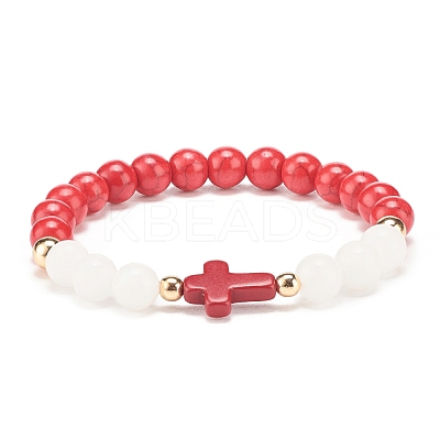 Natural White Jade & Gemstone & Synthetic Turquoise(Dyed) Stretch Bracelet with Cross BJEW-JB08295-1
