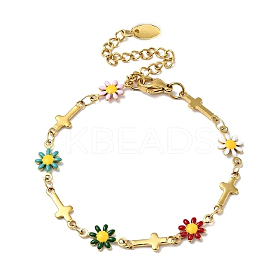 Ion Plating(IP) Enamel Flower & Cross Link Chain Bracelet BJEW-C023-01G-01-1