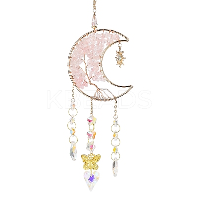 Moon with Tree of Life Natural Rose Quartz Chip Pendant Decorations AJEW-Q143-06-1