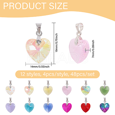 48Pcs 12 Styles Heart Glass Pendants PALLOY-GO00029-1