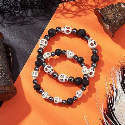 2Pcs Halloween Skull Synthetic Turquoise & Round Lava Rock & Synthetic Non-Magnetic Hematite Beaded Stretch Bracelet Sets for Women BJEW-JB10656-1