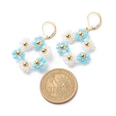 Glass Seed Braided Flower Dangle Leverback Earrings EJEW-JE04998-1