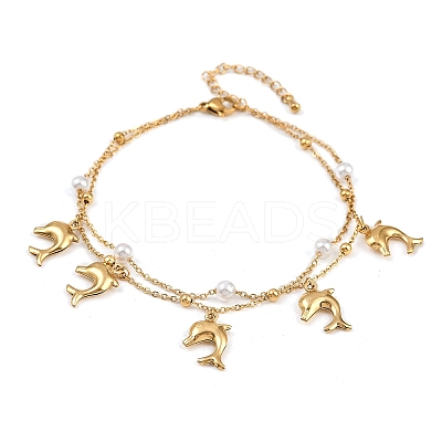 304 Stainless Steel with Acrylic Bead Double Layer Dolphin Charm Anklets for Women AJEW-G069-01G-1