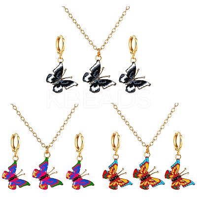 3 Colors Butterfly Alloy Enamel Pendant Necklace & Hoop Earring Sets SJEW-HY0001-03-1