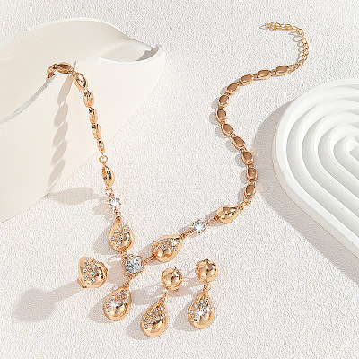 Teardrop Alloy Rhinestone Pendant Necklaces & Stud Earring & Rings Sets for Women FS-WG09A79-01-1