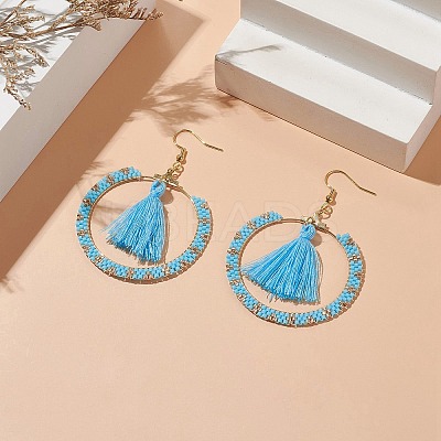 Glass Seed Braided Ring & Polycotton Tassel Dangle Earrings EJEW-MZ00051-1