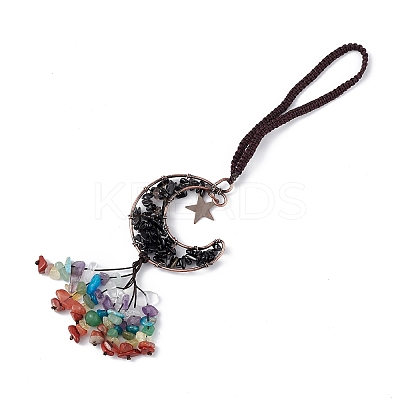Natural Dyed & Heated Black Agate Moon with Mixed Gemstone Chips Tassel Pendant Decorations G-L524-07R-A01-1