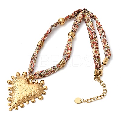304 Stainless Steel Heart Pendant Printed Silk Ribbon Necklaces for Women NJEW-A063-11G-1