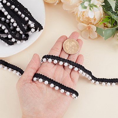 5 Yards Polyester Lace Ribbon with Round Plastic Pearl Beaded Edge OCOR-WR0001-69B-1