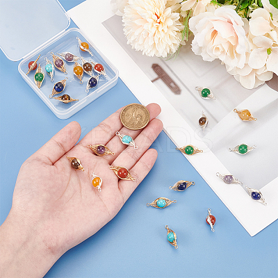 28Pcs 14 Styles Mixed Gemstone Copper Wire Wrapped Connector Charms FIND-HY0003-94-1