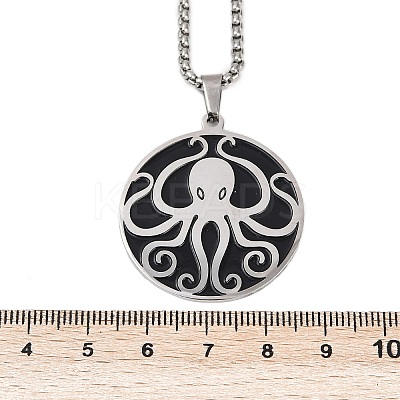 201 Stainless Steel Black Enamel Flat Round with Octopus Pendant Necklaces NJEW-K283-31P-1