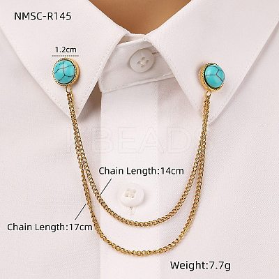 304 Stainless Steel Pave Dyed Synthetic Turquoise Hanging Chain Brooch JEWB-S021-04G-04-1