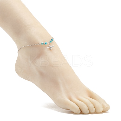 304 Stainless Steel Bees Charm Anklet with Round Natural White Jade Beads for Women AJEW-AN00498-02-1
