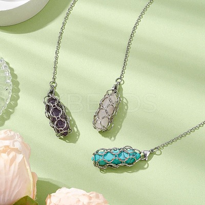 304 Stainless Steel Chain Macrame Pouch Bullet Natural Rose Quartz & Amethyst & Synthetic Turquoise Holder Dowsing Pendulums PALLOY-JF02881-1