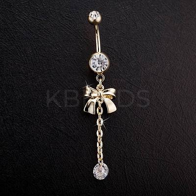 Piercing Jewelry Real 18K Gold Plated Brass Rhinestone Bowknot Navel Ring Belly Rings AJEW-EE0001-67-1