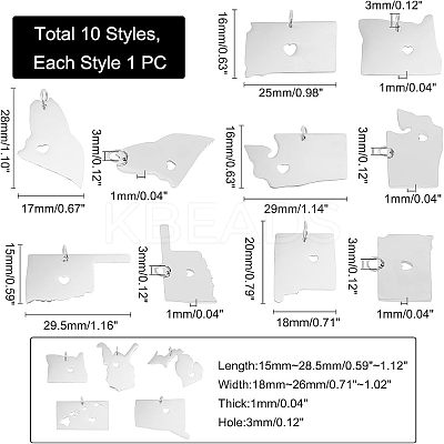 10Pcs 10 Style 201 Stainless Steel Pendants STAS-UN0036-64-1