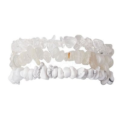 3Pcs Natural Quartz Crystal & Synthetic White Howlite & Natural White Moonstone Chip Beaded Stretch Bracelet Sets BJEW-JB10857-1