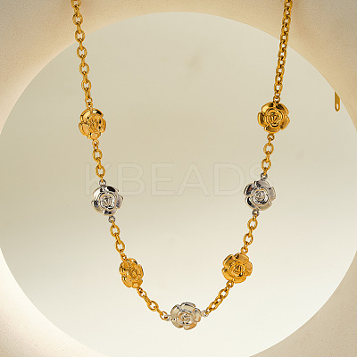 Two Tone 304 Stainless Steel Rose Flower Link Chain Necklaces for Women FS-WGCC2B1-01-1
