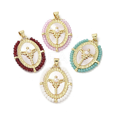 Brass Pave Shell Pendants KK-I708-01-G-1