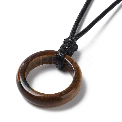 Natural Tiger Eye Ring Pendant Necklace with Waxed Cords NJEW-R262-01B-07-1