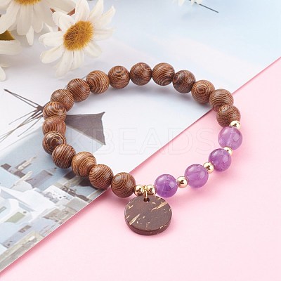 Wood Bead & Stone Bracelet BJEW-JB06104-1