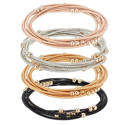 24Pcs 4 Colors Stainless Steel Satellite Chains Stretch Bracelets Set for Women BJEW-UN0001-36-1