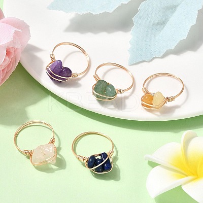 Natural Gemstone Braided Bead Chips Finger Rings RJEW-TA00216-01-1