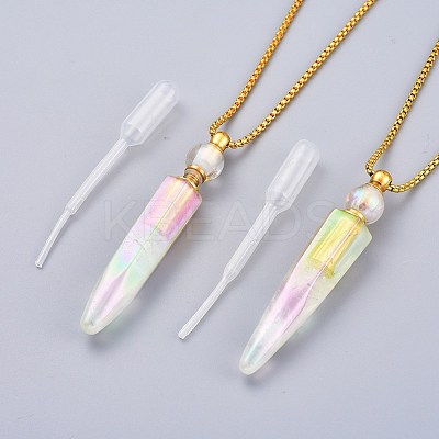 Electroplate Natural Quartz Crystal Perfume Bottle Pendant Necklaces NJEW-I239-01-1