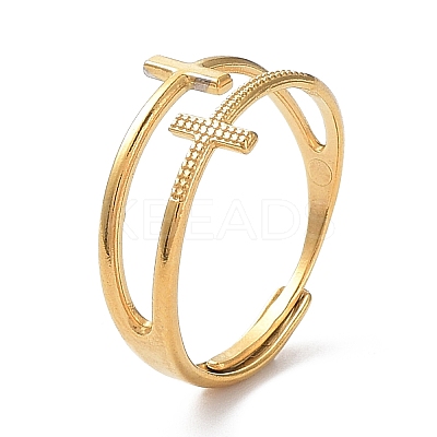 Ion Plating(IP) 304 Stainless Steel Hollow Cross Adjustable Rings RJEW-D006-01G-1