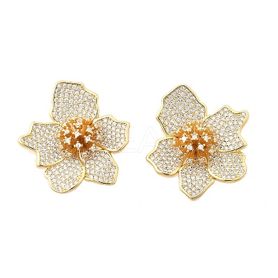 Brass Clear Cubic Zirconia Flower Stud Earrings EJEW-C147-02G-1