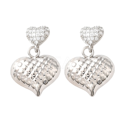 Textured Heart Brass Micro Pave Clear Cubic Zirconia Dangle Stud Earrings EJEW-Z099-02P-01-1