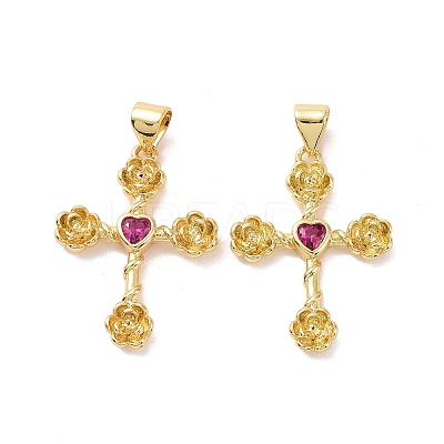 Cross with Flower Brass Micro Pave Cubic Zirconia Pendants KK-G435-06G-04-1